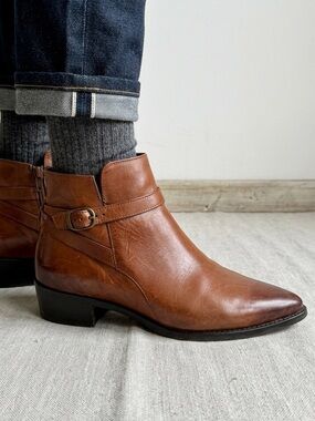 PAUL GREEN Jelinda Leather Pointed Toe Ankle Boots Cognac